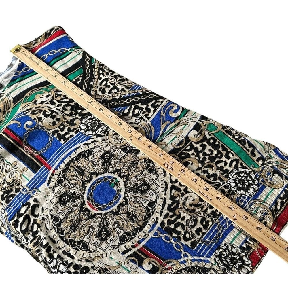 Baroque Medallion Scarf Print Long Sleeve Tunic Blouse Leopard Knit M Blue Multi - Picture 13 of 13